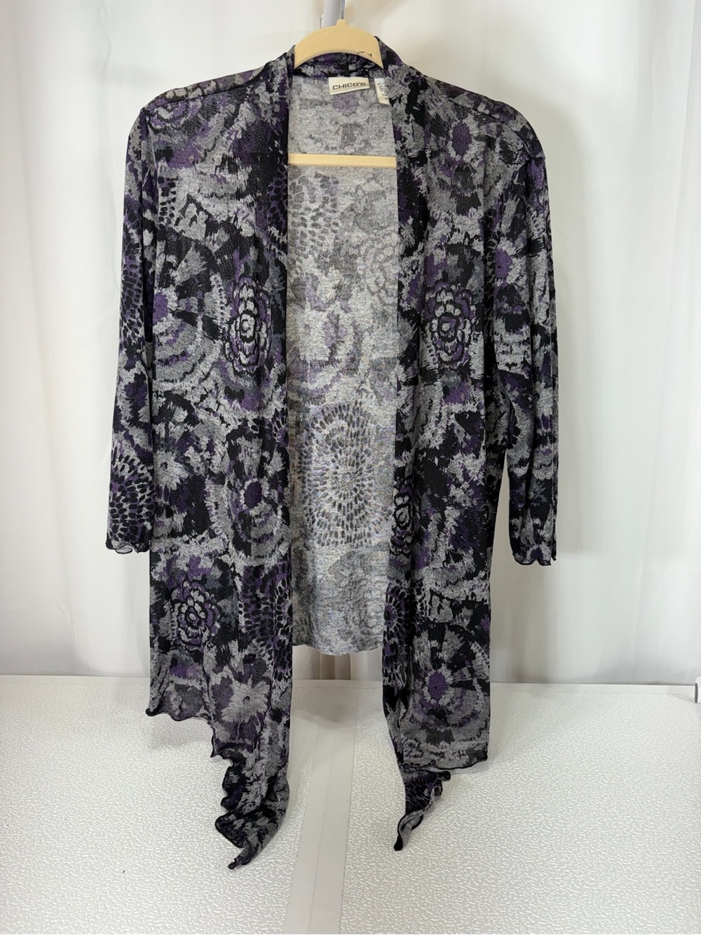 Chico's Black, Gray & Purple Floral Open-Front Waterfall Cardigan 4314